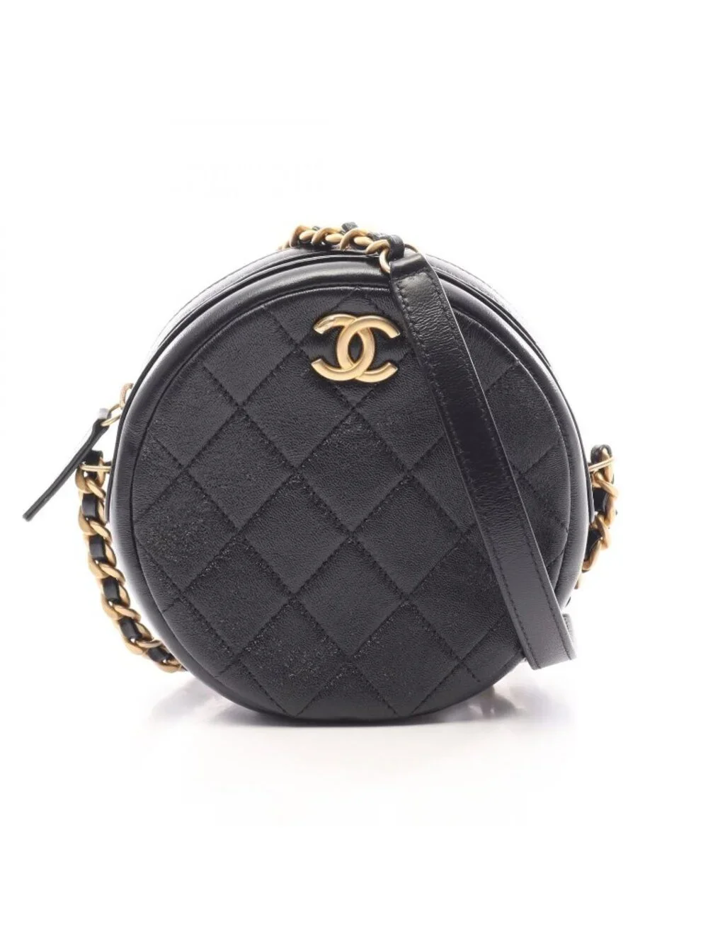Chanel Shoulder Bag Quilted Round Mini Black Leather Chain